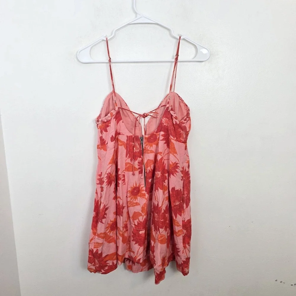 Free People Pink Orange Floral Linen Blend Summer Altura Tank Mini Dress Sz S